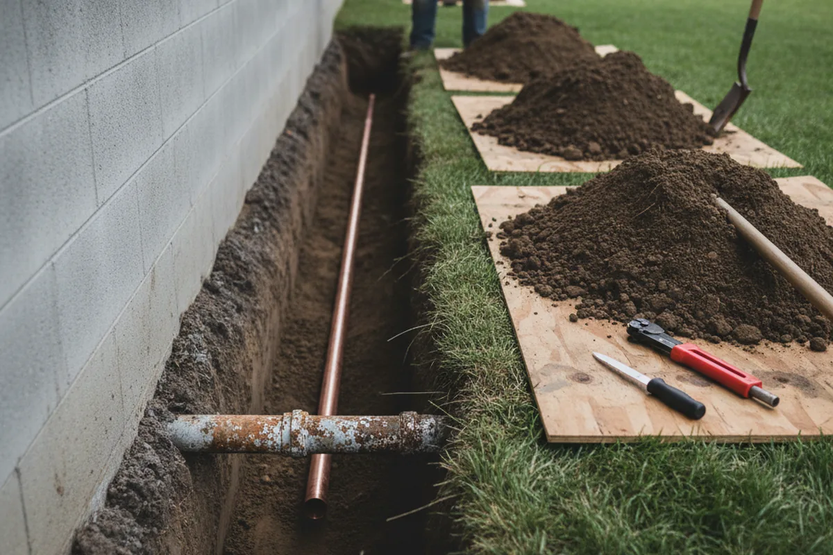 Excavated water line trench during Water Heater Repair in Taft